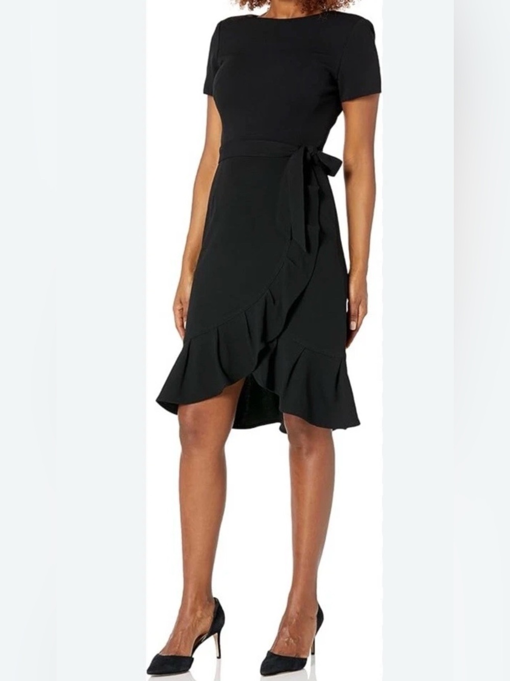 NEW Calvin Klein Black Wrap Skirt Ruffle Tie Waist Dress Office Cocktail Size 12